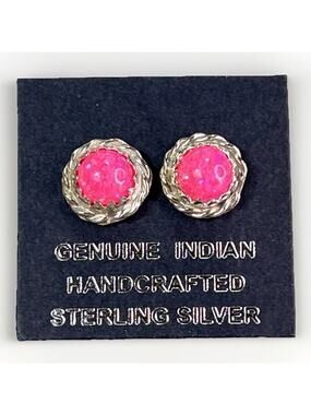 Native Navajo Pink Fire Opal Sterling Silver Stud Earrings Esther White NEW